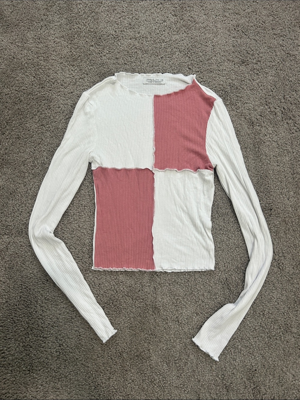 SHEIN White & Dusty Rose Patchwork Ribbed Long Sleeve Top